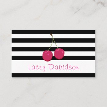 Black And White Striped Cherry Logo Business Card by TheFruityBasket at Zazzle