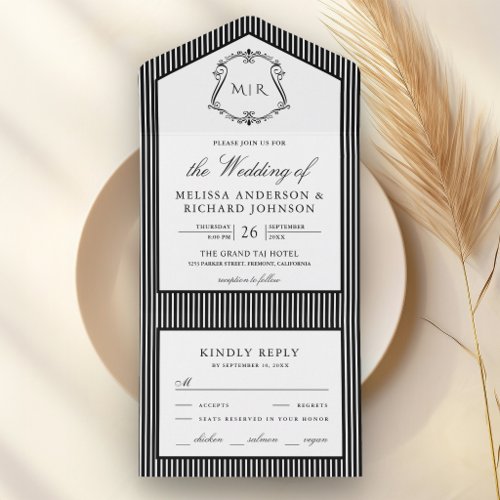 Black and White Striped Crest Monogram Wedding All In One Invitation