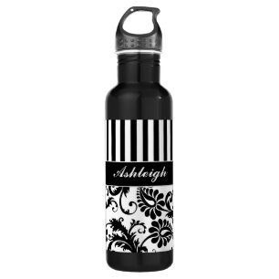 Black and White Striped Damask Water Bottle
