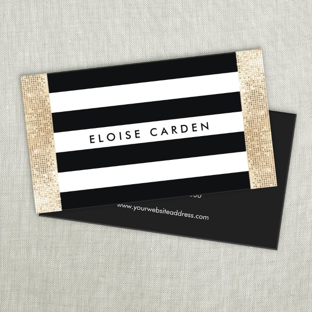 Black and White Striped FAUX Gold Sequin Beauty Business Card