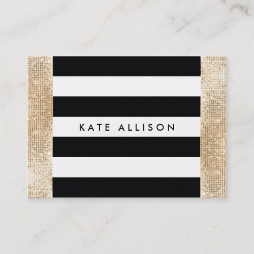 Customizable Black and White Striped FAUX Gold Sequin Beauty Large Business Cards (Pack Of 100)