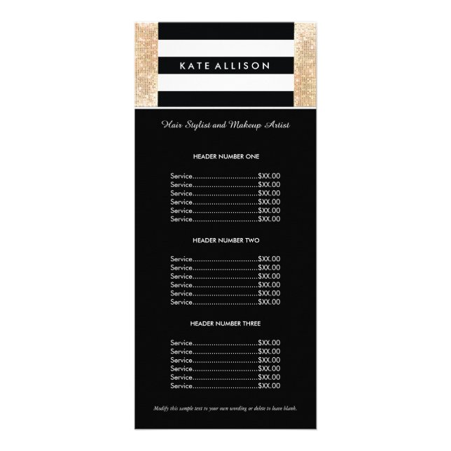Black and White Striped FAUX Gold Sequin Price Rack Card (Front)