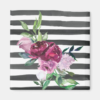 Black and White Striped Floral Magnet