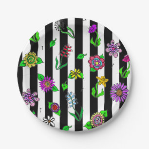 Black and White Striped Floral Paper Plates