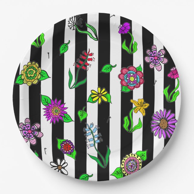 Black and White Striped Floral Paper Plates (Front)
