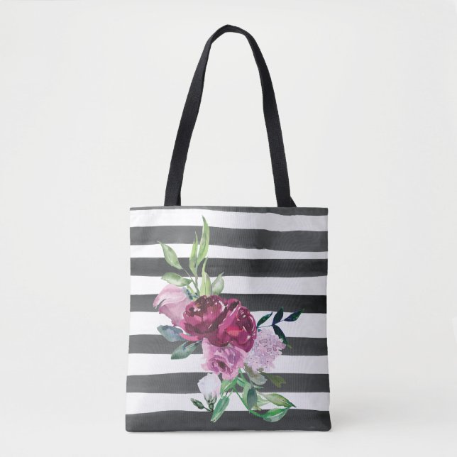 Black and White Striped Floral Tote Bag (Front)