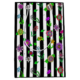 Black and White Striped Floral Whimsical Medium Gift Bag