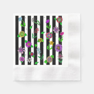 Black and White Striped Floral Whimsical Napkins