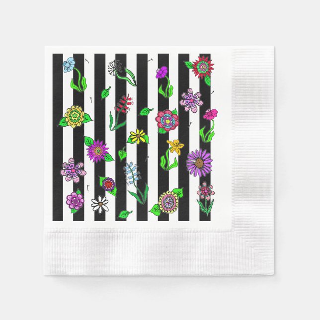 Black and White Striped Floral Whimsical Napkins (Front)