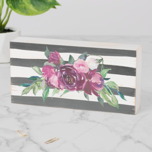 Black and White Striped Floral Wooden Box Sign