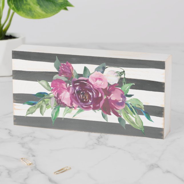 Black and White Striped Floral Wooden Box Sign (In Situ Horizontal)