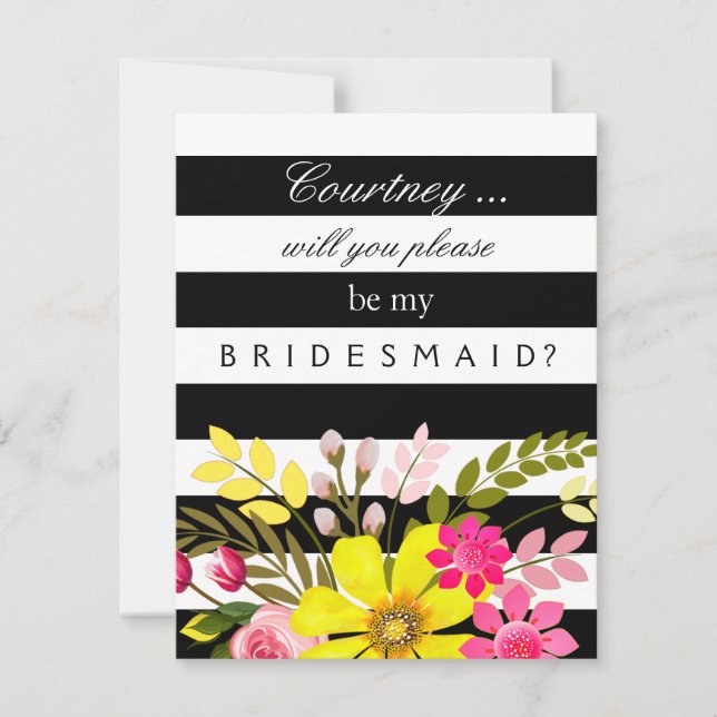 Black and White Striped Flowers Bridesmaid Request Invitation (Front)