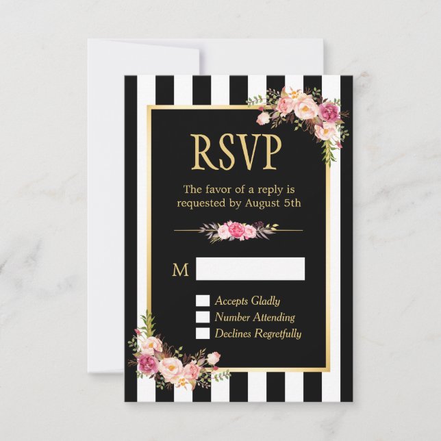 Black and White Striped Flowers Gold Frame RSVP (Front)