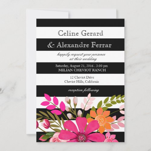 Black and White Striped Flowers Wedding fuchsia Invitation