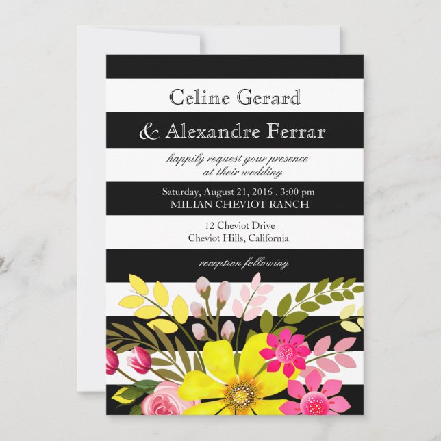 Black and White Striped Flowers Wedding yellow Invitation (Front)
