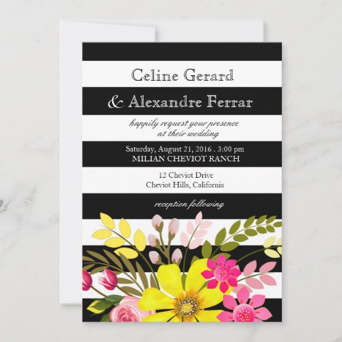 Black and White Striped Flowers Wedding yellow Invitation