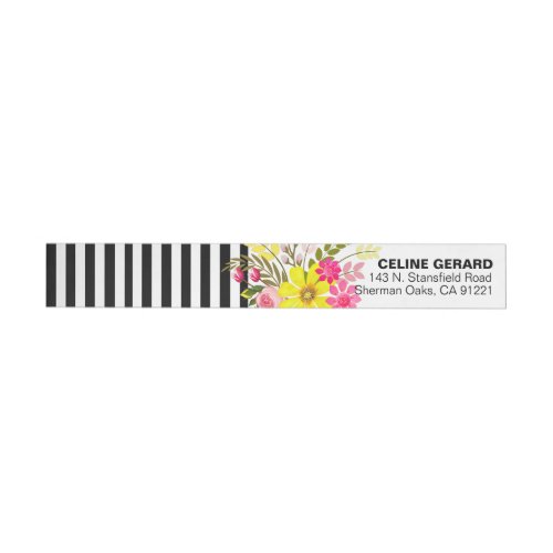 Black and White Striped Folklore Flowers  yellow Wrap Around Address Label