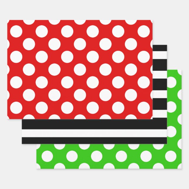 Black and White Striped Green Red Polka Dot Wrapping Paper Sheets (Set)