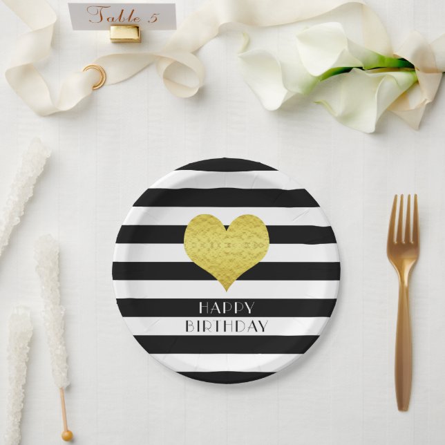 Black And White Striped Happy Birthday Gold Heart Paper Plates (Wedding)