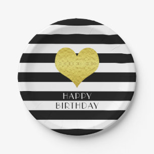 Black And White Striped Happy Birthday Gold Heart Paper Plates