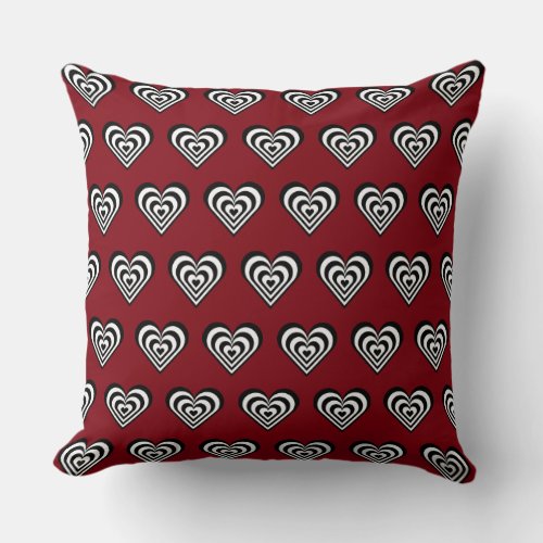 Black and white striped heart on burgundy red throw pillow