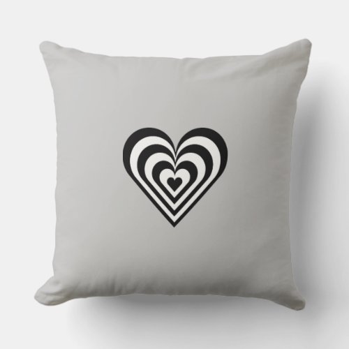 Black and white striped heart on light grey throw pillow