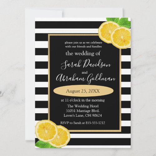 Black and White Striped Lemon Wedding Invitation