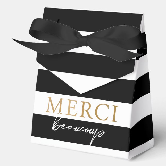 Black and White Striped Merci Beaucoup  Favor Boxes (Front)