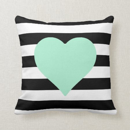 Black And White Striped Mint Heart Throw Pillow