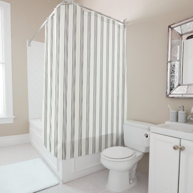 Black and White Striped Modern Boho Geometric  Shower Curtain (In Situ)