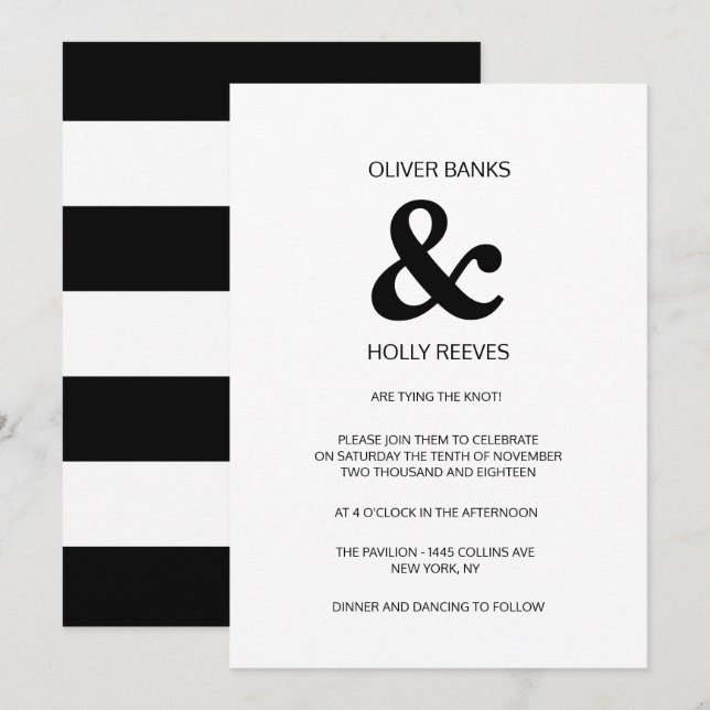 Black and white striped modern wedding invitation (Front/Back)