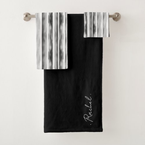 Black and White Striped Monogram Bath Towel Set