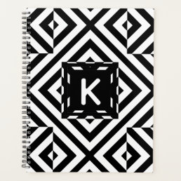 Black and White Striped Op Art Geometric Monogram Planner