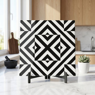 Black and White Striped Op Art Geometric Pattern Ceramic Tile