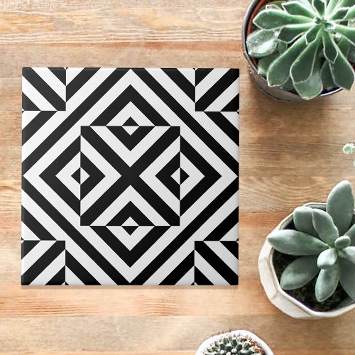 Black and White Striped Op Art Geometric Pattern Ceramic Tile