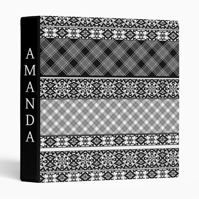 Black and white striped patchwork with lace 3 ring binder (Front/Spine)