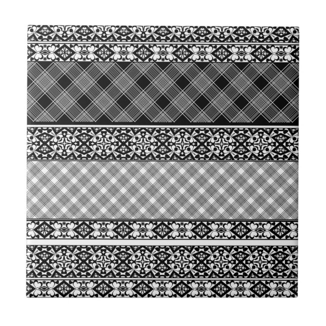 Black and white striped patchwork with lace ceramic tile (Front)