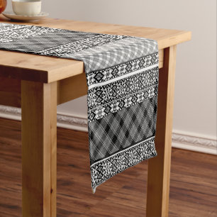Black and white striped patchwork with lace short table runner