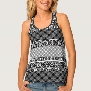 Black and white striped patchwork with lace tank top