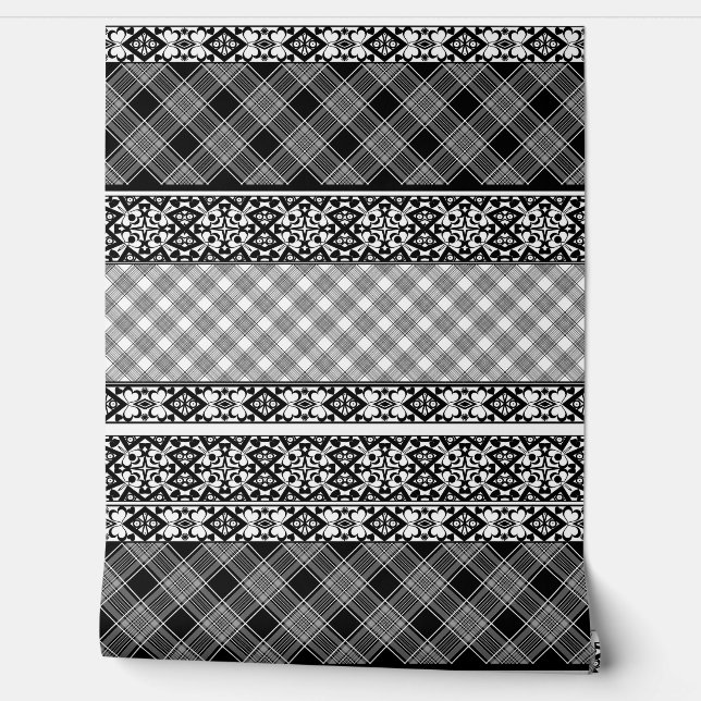 Black and white striped patchwork with lace wallpaper  (Unrolling)