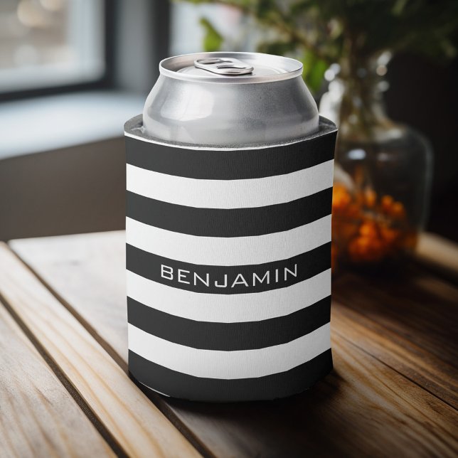 Black and White Striped Pattern Add Your Name Can Cooler (Personalized Can Cooler - Add Custom Text or Name)