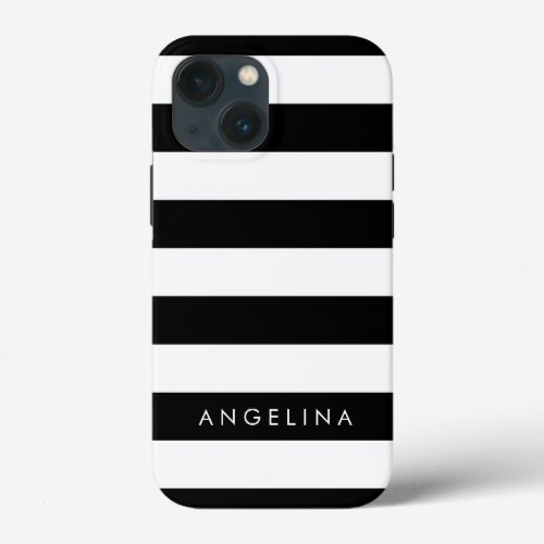 Black and White Striped Pattern and Modern Name iPhone 13 Mini Case
