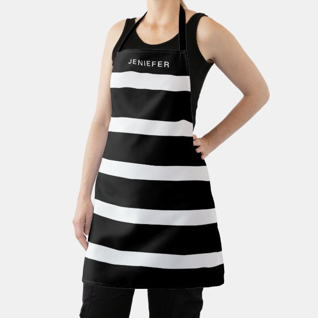 Black and White Striped Pattern Custom Name Apron (Insitu)