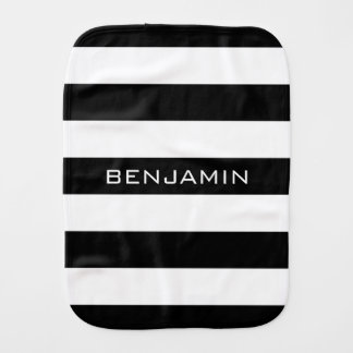 Black and White Striped Pattern Custom Name Baby Burp Cloth