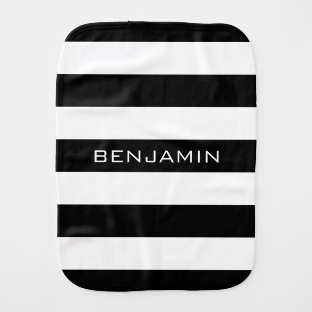 Black and White Striped Pattern Custom Name Baby Burp Cloth (Front)