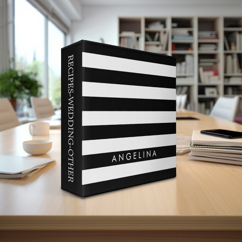 Black and White Striped Pattern Custom Name Binder