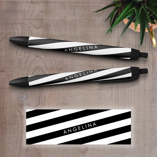 Black and White Striped Pattern Custom Name Black Ink Pen