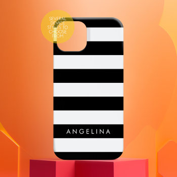 Black And White Striped Pattern Custom Name Iphone 15 Case by icases at Zazzle