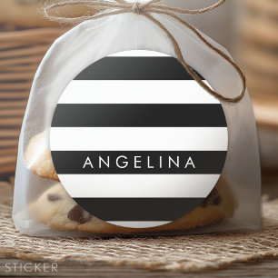 Black and White Striped Pattern Custom Name Classic Round Sticker