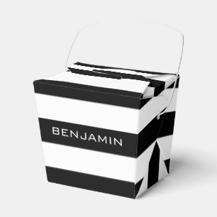 Black and White Striped Pattern Custom Name Favor Boxes